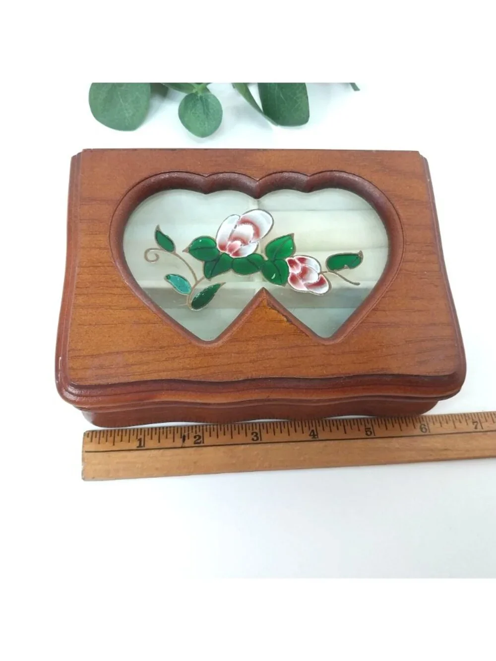 Heart-Shaped Wooden Jewelry Box Stained Glass Style Flower Inlay
